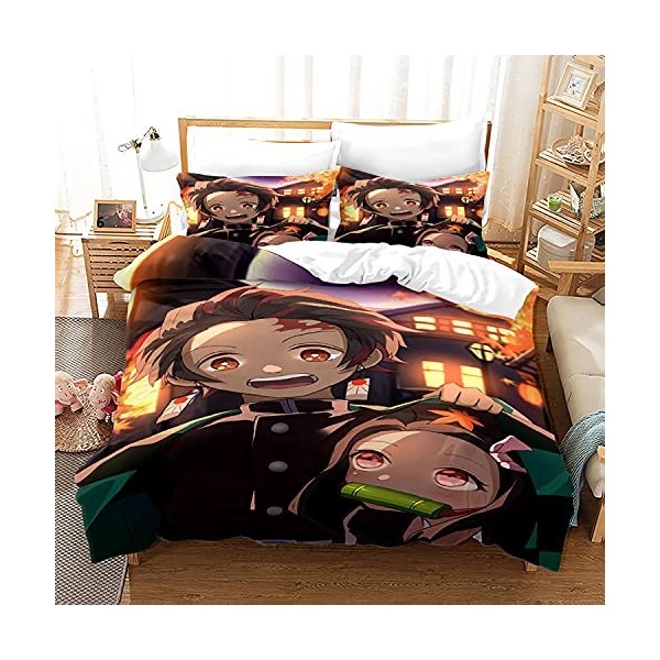 NICHIYOBI Demon Slayer Parure de lit 3 pièces avec housse de couette et taie doreiller, microfibre, impression numérique 3D 
