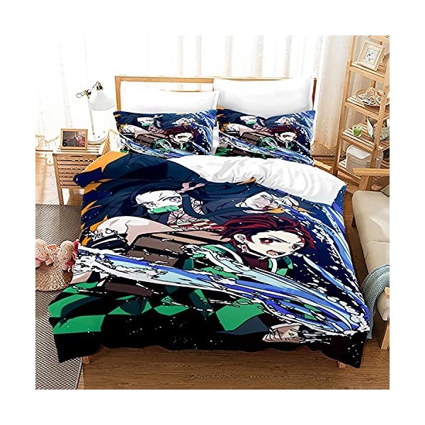 NICHIYOBI Demon Slayer Parure de lit 3 pièces avec housse de couette et taie doreiller, microfibre, impression numérique 3D 