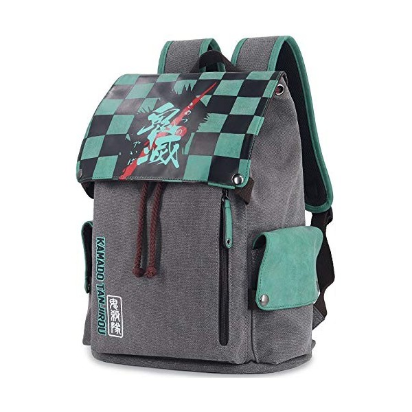 Roffatide Anime Demon Slayer Kamado Nezuko Sac À Dos pour Ordinateur Portable Toile Sac À Dos Rabat Imprimé Cartable Collège 