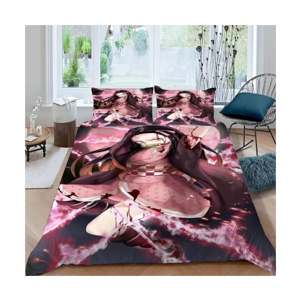 Housse de Couette 140x200 avec Taies doreiller - Demon Slayer Manga Parure de Lit 1 Personne avec Fermeture Éclair - Sets de