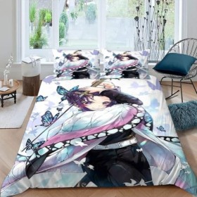 Housse de Couette 140x200 - Demon Slayer Parure de Lit 1 Personne en Microfibre avec Fermeture Éclair, Parure Housse Coutte z