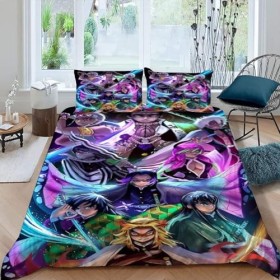 Demon Slayer Manga Housse de Couette 140x200 cm Parure de Lit Adulte 1 Personne avec Fermeture Éclair Sets de Housse Couette 