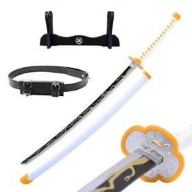 Hashiman - Katana Demon Slayer - Réplique Manga Japonais Sabre en Bois + Support dEpée + Ceinture Agatsuma Zenitsu 