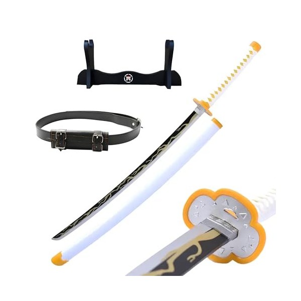 Hashiman - Katana Demon Slayer - Réplique Manga Japonais Sabre en Bois + Support dEpée + Ceinture Agatsuma Zenitsu 