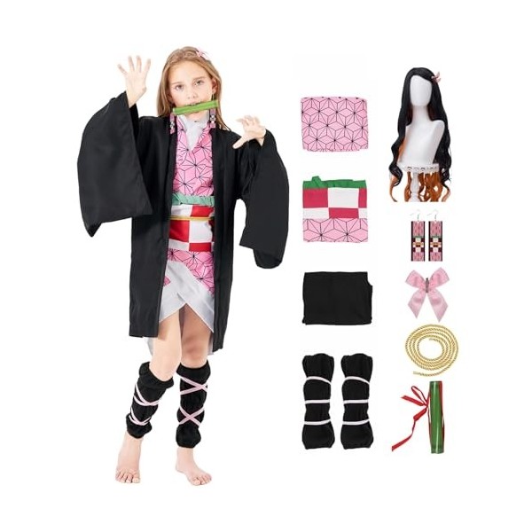 Pomzio Déguisement Nezuko Cosplay Costume Deguisement Cosplay Nezuko Fille Femme Manga Kimono avec Perruque pour Enfant adult