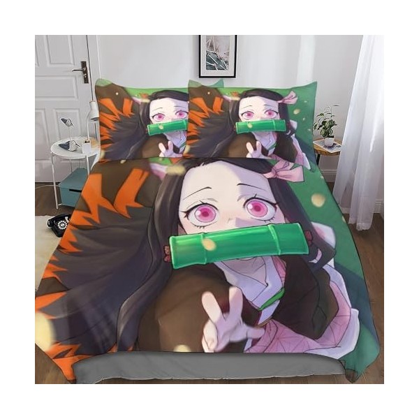 INTCHE Nezuko Kamado 3D Housse De Couette avec Taies doreiller Housse De Parure De Lit Demon Slayer Housses De Couettes Resp