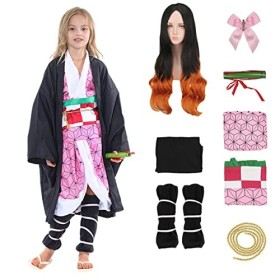 Deguisement Nezuko Tanjiro Cosplay Costume with Perruque Anime Démon Costume Deguisement Nezuko Kimono Halloween Tanjirou Cos