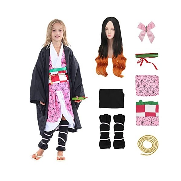 Deguisement Nezuko Tanjiro Cosplay Costume with Perruque Anime Démon Costume Deguisement Nezuko Kimono Halloween Tanjirou Cos