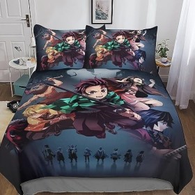 Demon Slayer Housse De Couette, Parure De Lit en Imprimé Couette Sets en Microfibre Anime Housse De Couettes Taie doreiller 