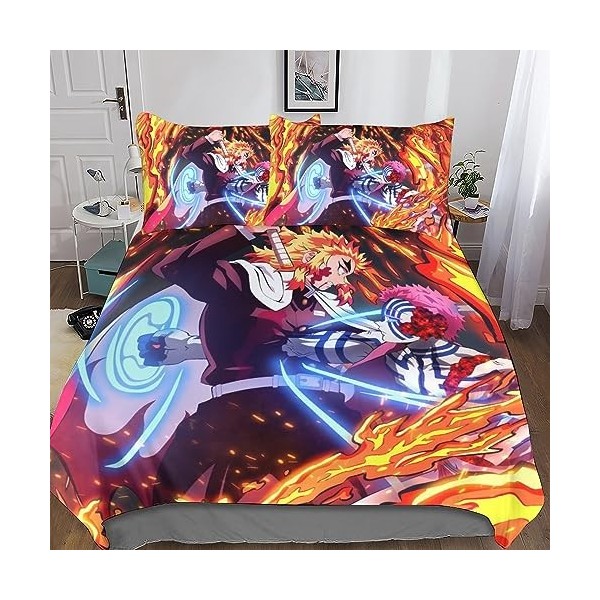Demon Slayer Housse De Couette, Parure De Lit en Imprimé Couette Sets en Microfibre Anime Housse De Couettes Taie doreiller 