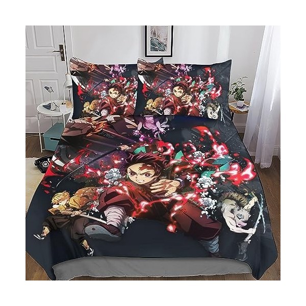 Demon Slayer Housse De Couette, Parure De Lit en Imprimé Couette Sets en Microfibre Anime Housse De Couettes Taie doreiller 