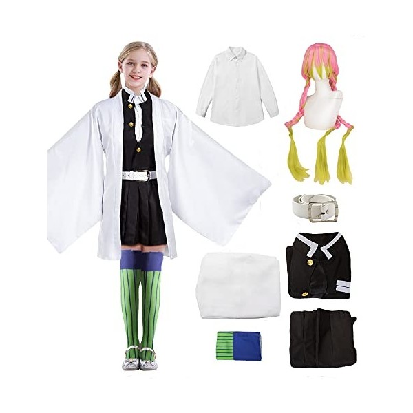 Heionia Enfant Mitsuri Kanroji Cosplay Costume Mitsuri Déguisement Completo mit Perruque Mitsuri Kimono Wig Cosplay Anime Vêt