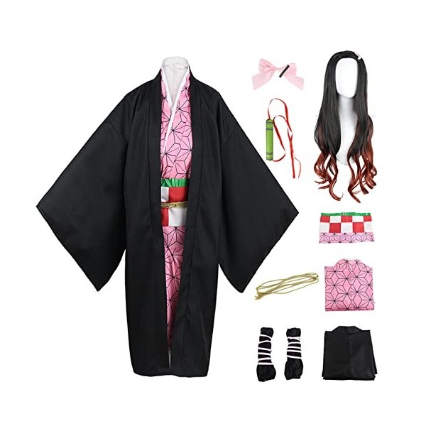 YEAJION Kamado Nezuko Costume avec Perruque et Accessoires Set Demon Slayer Anime Cosplay Costume Kimetsu no Yaiba Kimono Dég