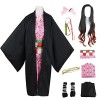 YEAJION Kamado Nezuko Costume avec Perruque et Accessoires Set Demon Slayer Anime Cosplay Costume Kimetsu no Yaiba Kimono Dég