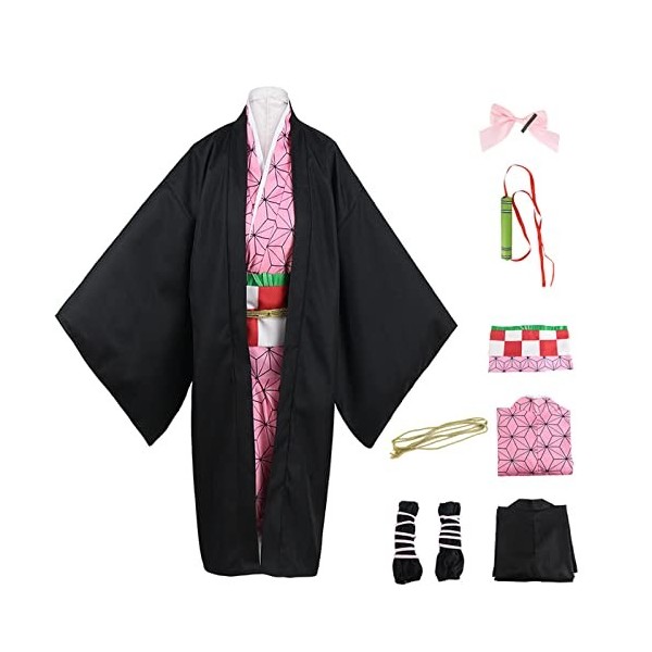YEAJION Kamado Nezuko Costume avec Perruque et Accessoires Set Demon Slayer Anime Cosplay Costume Kimetsu no Yaiba Kimono Dég