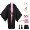 YEAJION Kamado Nezuko Costume avec Perruque et Accessoires Set Demon Slayer Anime Cosplay Costume Kimetsu no Yaiba Kimono Dég