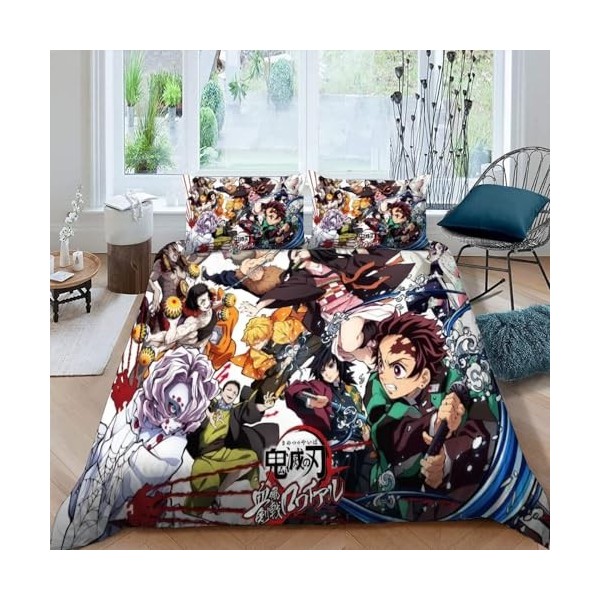 Housse de Couette 200x200 avec 2 Taies doreiller 50x75 cm - Poster Demon Slayer Parure de Lit 200x200 cm en Microfibre bross