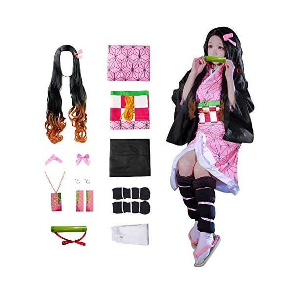JYakeji 11 pièces de cosplay japonais Demon Slayer : Kimetsu no Yaiba Nezuko Kamado Cosplay Kimono avec perruque, convient po