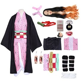 kelihood Demon Slayer Cosplay : Kamado Nezuko Cosplay Kimono Jeu de rôle Costume Halloween Tenues pour Nezuko Cosplay Adulte 