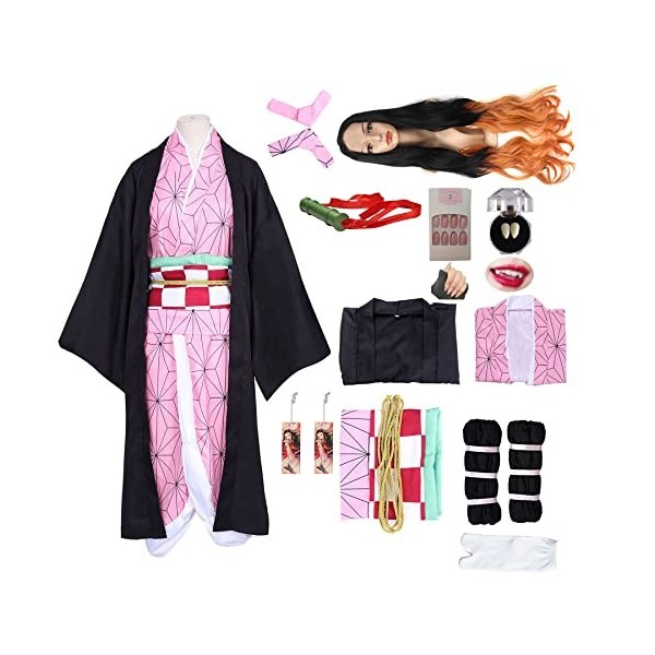 kelihood Demon Slayer Cosplay : Kamado Nezuko Cosplay Kimono Jeu de rôle Costume Halloween Tenues pour Nezuko Cosplay Adulte 