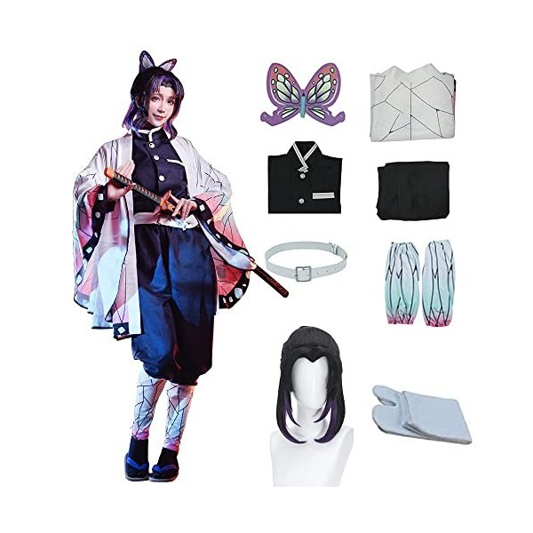 JYakeji Lot de 8 costumes de cosplay Anime japonais Demon Slayer : Kochou Shinobu Cosplay Costume Kimono avec perruque, convi