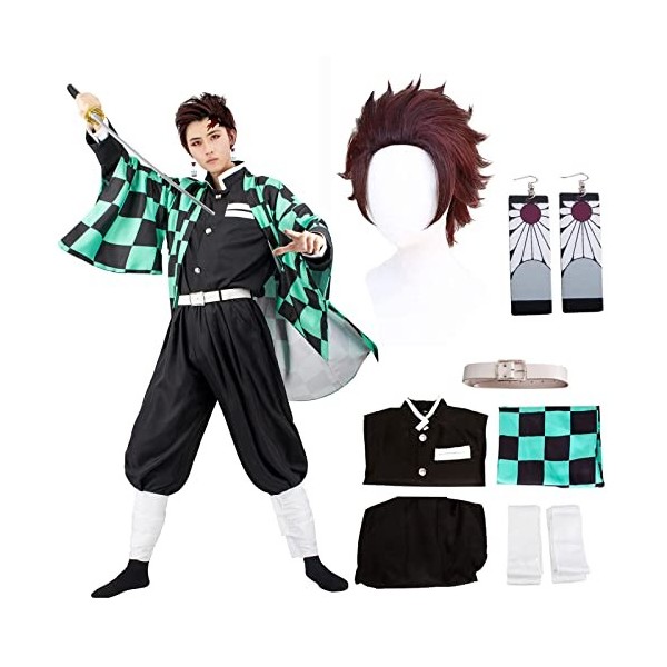 JYakeji Tanjirou Costume de cosplay 8 pièces avec boucles doreilles, Demon Slayer Tanjirou Cosplay Kimono Halloween Veste Co