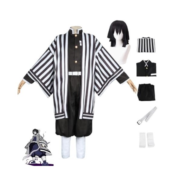 Bokerom Anime Demon Slayer Iguro Obanai Cosplay Costume Halloween Party Kimono Stripe Uniforme Complet + Perruque XL,Full Se