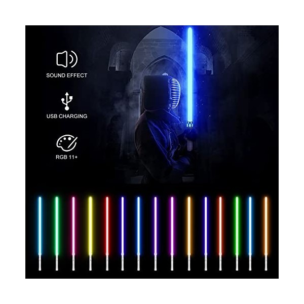 ETE ETMATE FX Duel Sabre Laser, RGB 11 Couleurs modifiables avec poignée en métal et 7 Jeux deffets sonores Mode LED Black S