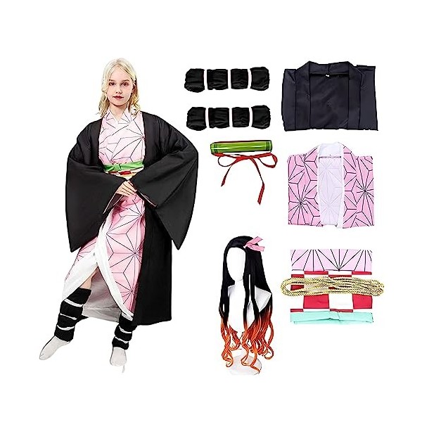 Firecos 9PCS Nezuko Costume Kimono Cosplay Déguisements Avec Perruque Manteau Tenues Ensemble Complet Pour Enfants Fille Cade