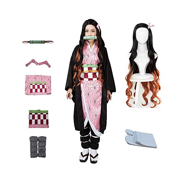 kelihood Costume de cosplay japonais Demon Slayer : Kimetsu no Yaiba Kamado Nezuko Costume avec accessoires en bambou pour ad