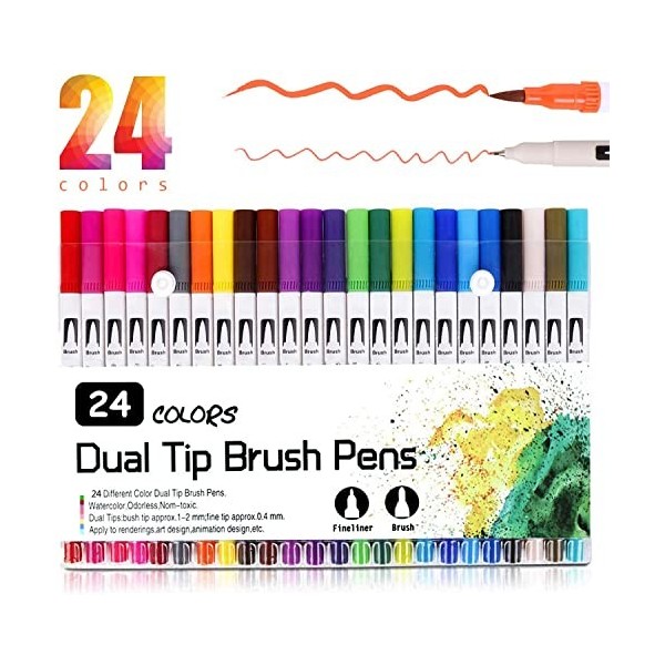 VAKKI Feutre Coloriage, Stylos à brosse à double pointe, 24 stylos feutres, Feutre Pointe Fine 0,4 mm avec Stylos Pinceaux Co