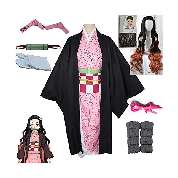 kelihood Costume de cosplay japonais Demon Slayer : Kimetsu no Yaiba Nezuko Kamado Costume de cosplay Kimono avec perruque, c
