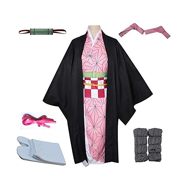 kelihood Costume de cosplay japonais Demon Slayer : Kimetsu no Yaiba Nezuko Kamado Costume de cosplay Kimono avec perruque, c