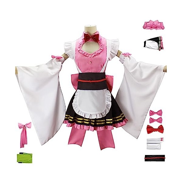 YEAJION Kanroji Mitsuri Cosplay Costume avec Perruque Mitsuri Maid Dress Demon Slayer Anime Cosplay Costume Kimetsu no Yaiba 