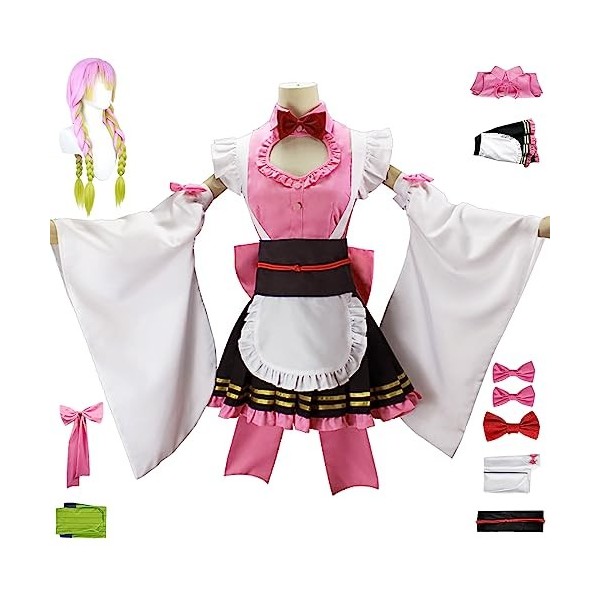 YEAJION Kanroji Mitsuri Cosplay Costume avec Perruque Mitsuri Maid Dress Demon Slayer Anime Cosplay Costume Kimetsu no Yaiba 