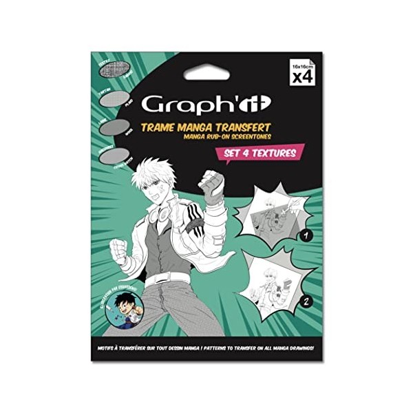 GRAPH’IT - Set de 4 Trames à transférer pour le dessin et illustration Manga - décalcomanie par transfert à sec - format 16x1