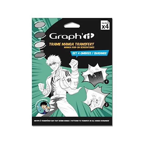 GRAPH’IT - Set de 4 Trames à transférer pour le dessin et illustration Manga - décalcomanie par transfert à sec - format 16x1