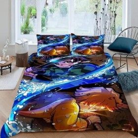 Demon Slayer Housse de Couette 220x240 cm - Parure de Lit Adulte 2 Personnes avec Fermeture Éclair Sets de Housse Couette en 