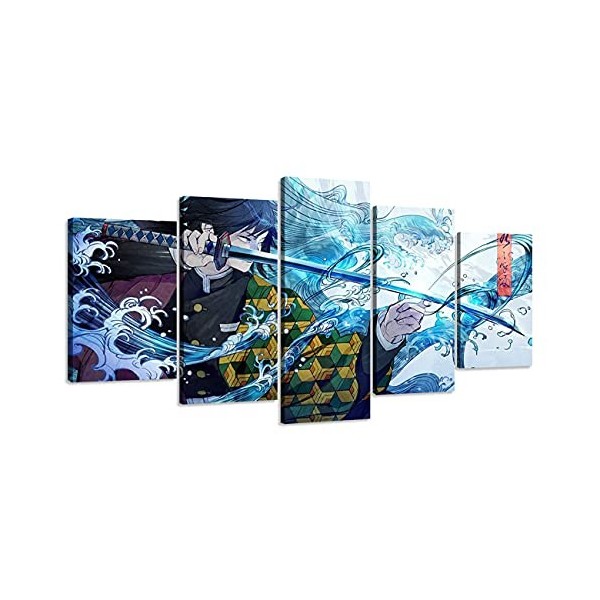 Lot de 5 toiles murales en bois encadrées prêtes à accrocher Motif Demon Slayer Kimetsu et personnage japonais Tanjiro 20,3 x