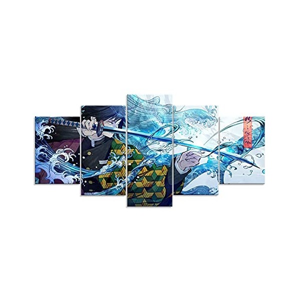 Lot de 5 toiles murales en bois encadrées prêtes à accrocher Motif Demon Slayer Kimetsu et personnage japonais Tanjiro 20,3 x