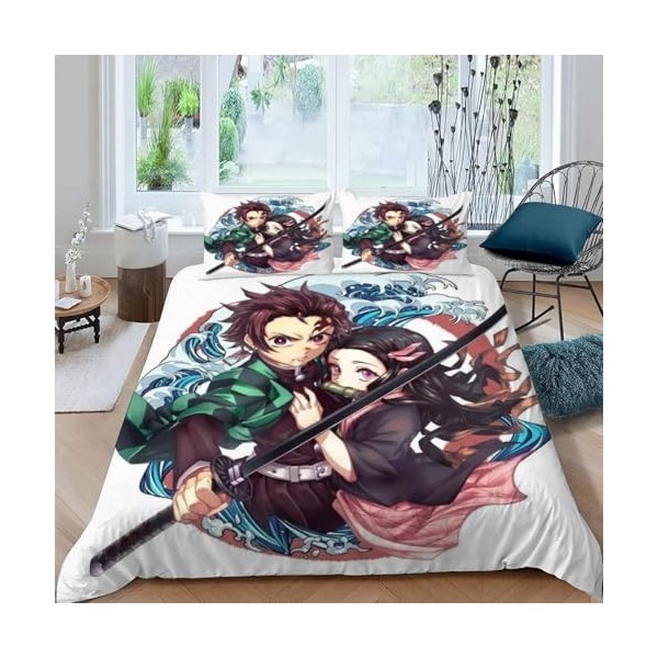 Housse de Couette 220x240 avec 2 Taies doreiller 50x75 cm - Demon Slayer Parure de Lit 220x240 Adulte - Ensembles de Housses