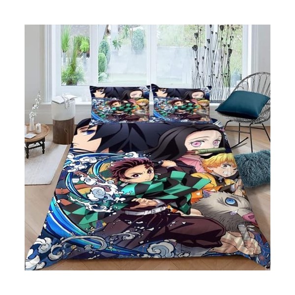 POCHY Housse de Couette 220x240 - Manga Demon Slayer imprimée 3D Housse de Couette 220x240 cm et 2 taies doreiller 50x75 cm,