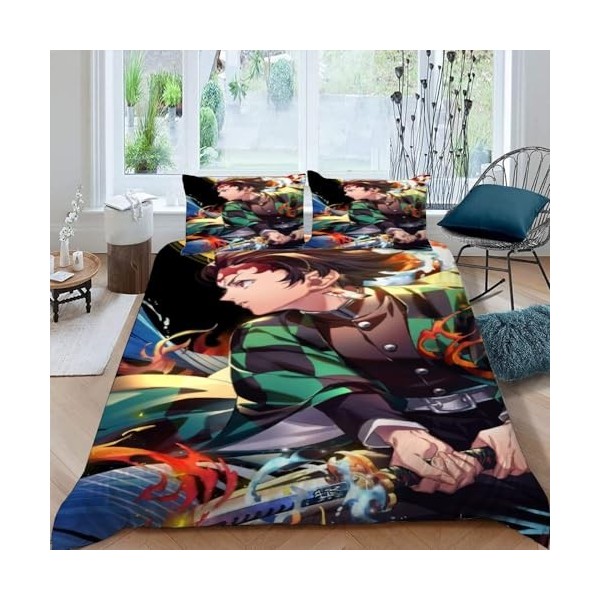 POCHY Housse de Couette 220x240 - Demon Slayer Manga imprimée 3D Housse de Couette 220x240 cm et 2 taies doreiller 50x75 cm,