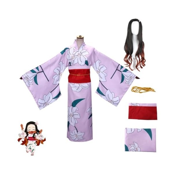 MIGUOO Anime Demon Slayer Cosplay Costume Kamado Nezuko Halloween Costume Party Kimono Complet Perruque XXL,Full Set 