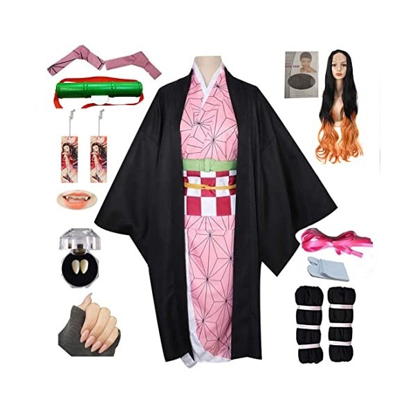 kelihood Anime Demon Slayer Cosplay : Kimetsu no Yaiba Kimono Cosplay Femmes Kimono Costume Perruque Clogs Anime Dress Suit C