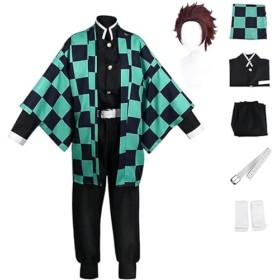 Mr.LQ Costume De Kimono De Cosplay Anime Demon-Slayer Kamado Tanjirou avec Perruque pour Enfants, Ensemble Complet Kimetsu-No