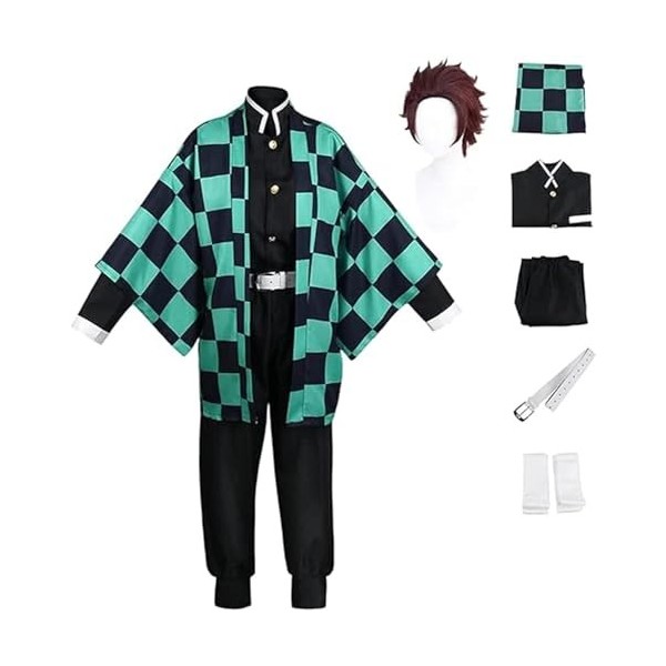 Mr.LQ Costume De Kimono De Cosplay Anime Demon-Slayer Kamado Tanjirou avec Perruque pour Enfants, Ensemble Complet Kimetsu-No