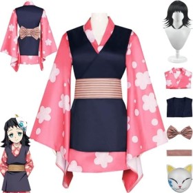 WOLWES Anime Makomo Cosplay Costume Tenue Demon Slayer Kanroji Mitsuri Kimono Perruque Masque Ensemble Complet Halloween Fête
