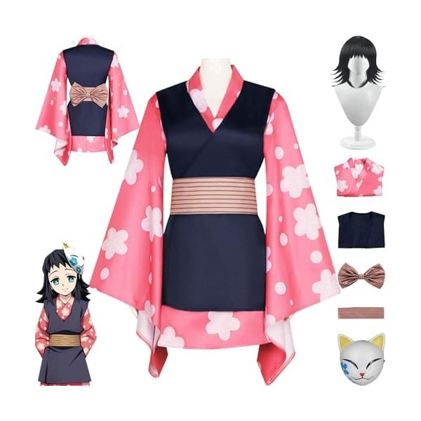 WOLWES Anime Makomo Cosplay Costume Tenue Demon Slayer Kanroji Mitsuri Kimono Perruque Masque Ensemble Complet Halloween Fête
