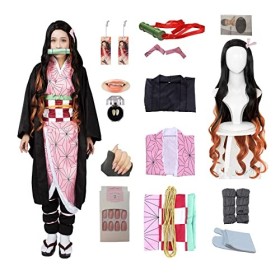 Dreamitpossible Costume de cosplay Anime Demon slayer avec dents, pointes dongles, boucles doreilles et perruque Kamado Nez